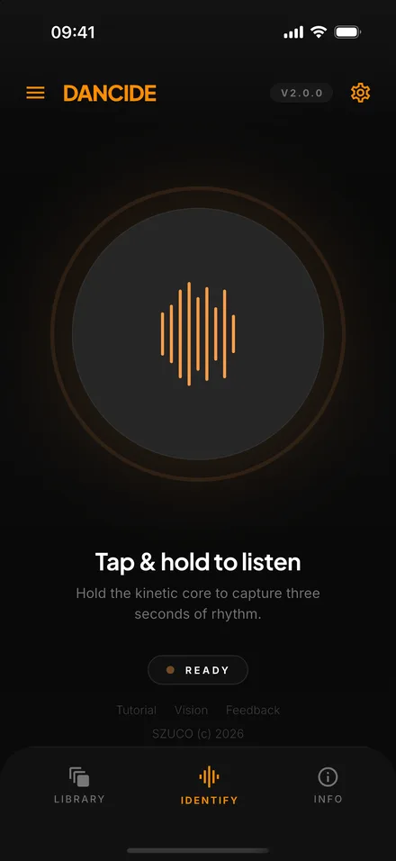 Dancide home screen: tap and hold to listen
