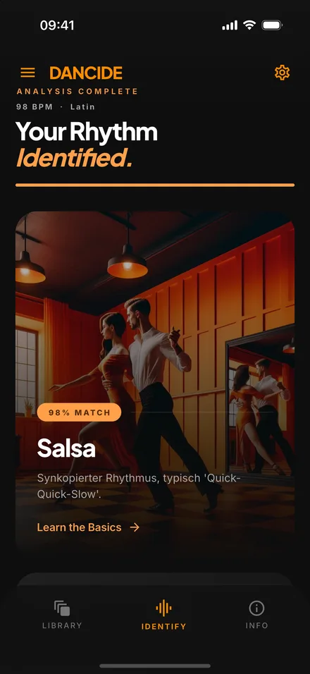 Dancide result: salsa with a 98% match at 98 BPM