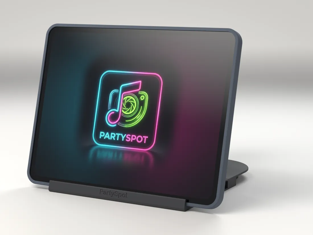 Render of the PartySpot stand holding an iPad