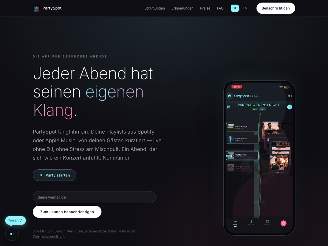 PartySpot app in a smartphone mockup