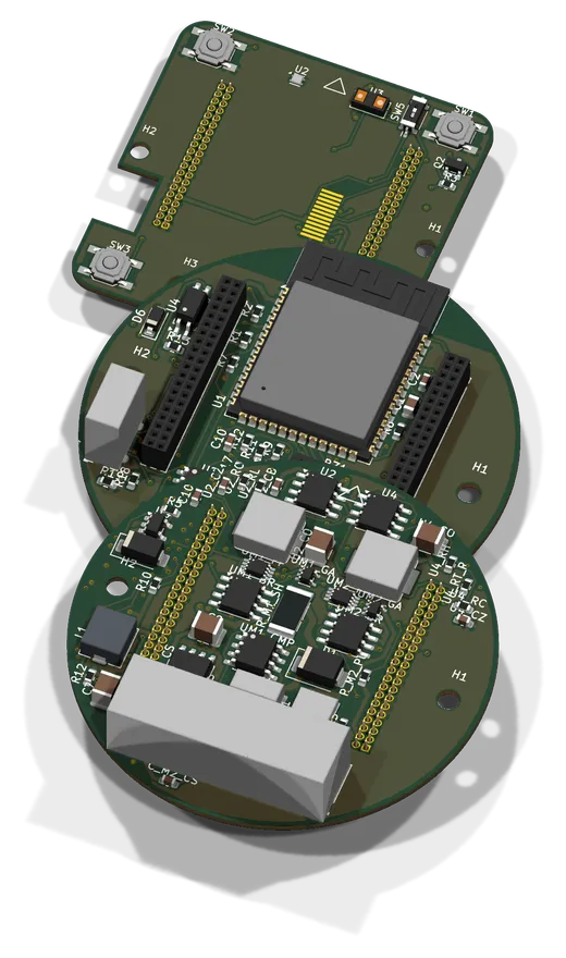 3D render of the three stacked SwitchStack circuit boards with the ESP32-S3 module